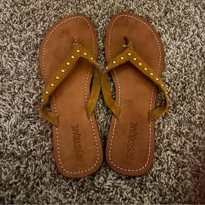 Mystique Boutique Mustard Suede Studded Thong Sandals